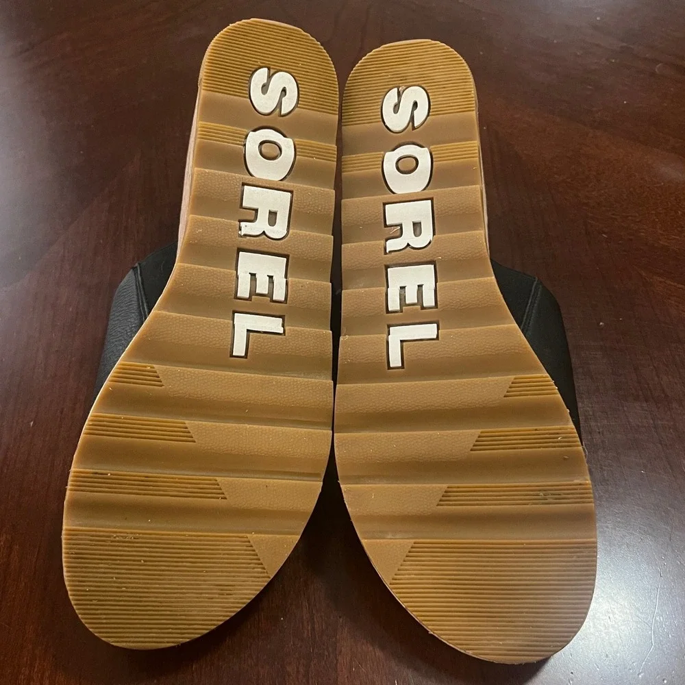 Sorel Cameron Flatform Wedge Mules Black Leather Cork Sandals NL4643-011 Size 12